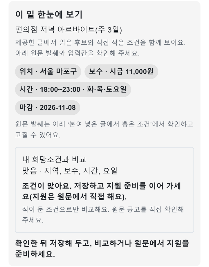 예시 자료 화면 「이 일 한눈에 보기」 — 편의점 저녁 아르바이트(주 3일): 위치 서울 마포구, 보수 시급 11,000원, 시간 18:00~23:00 화·목·토요일, 마감 2026-11-08. 「내 희망조건과 비교」: 맞음 · 지역, 보수, 시간, 요일.