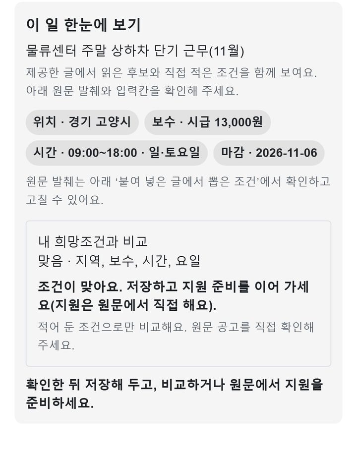 예시 자료 화면 「이 일 한눈에 보기」 — 물류센터 주말 상하차 단기 근무(11월): 위치 경기 고양시, 보수 시급 13,000원, 시간 09:00~18:00 일·토요일, 마감 2026-11-06. 「내 희망조건과 비교」: 맞음 · 지역, 보수, 시간, 요일.